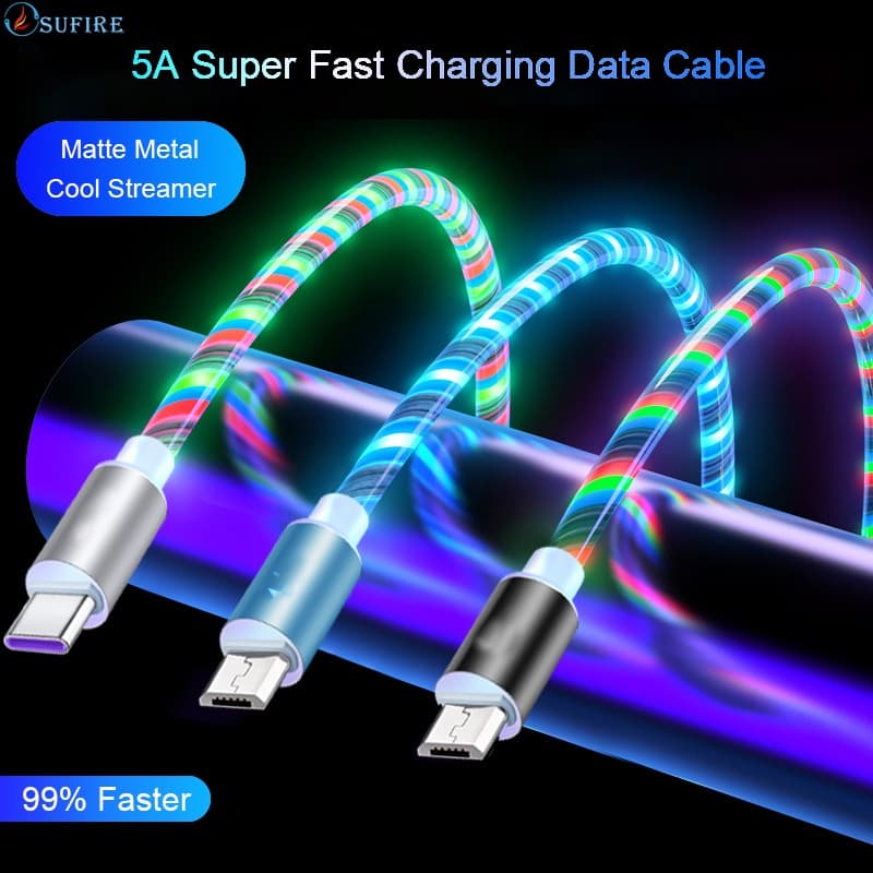 5A Rápido Cabo De Carregamento LED Luminoso Brilho Fluxo USB Colorido Streamer Dados Do Carregador Para O Telefone Móvel