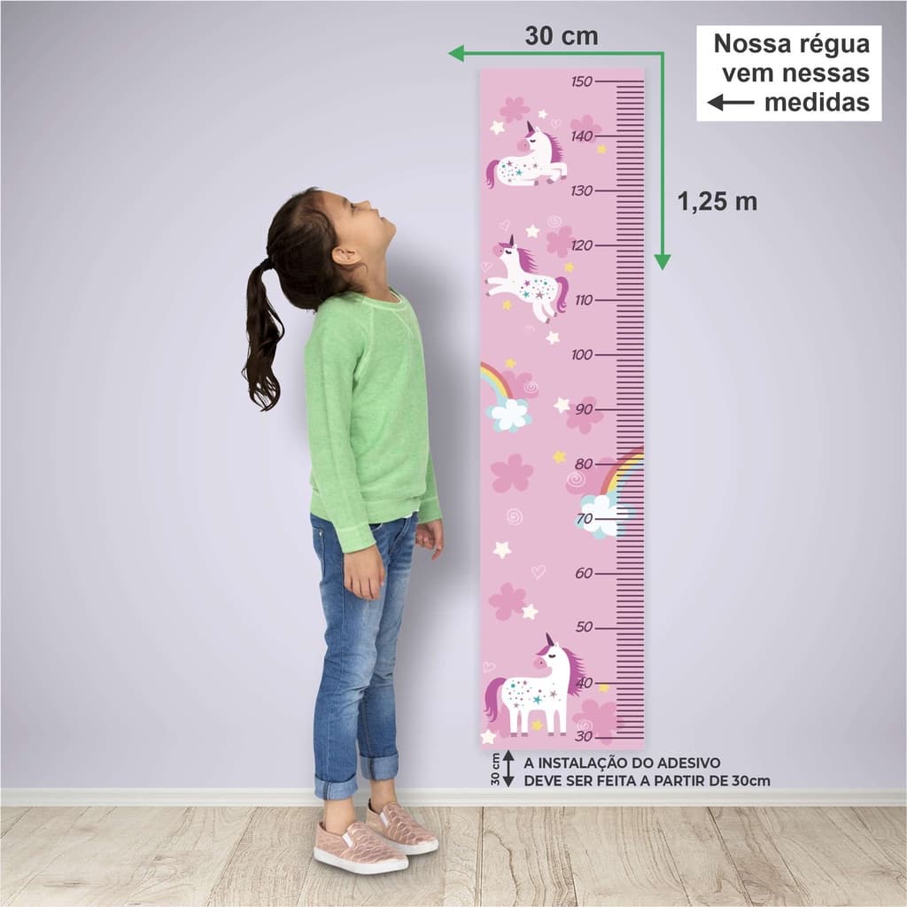Régua de Crescimento Rosa com Unicórnios e Arco-í­ris