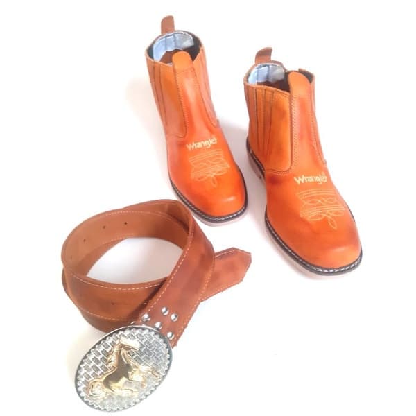botina wrangler couro legítimo mais cinto country com fivela grande.