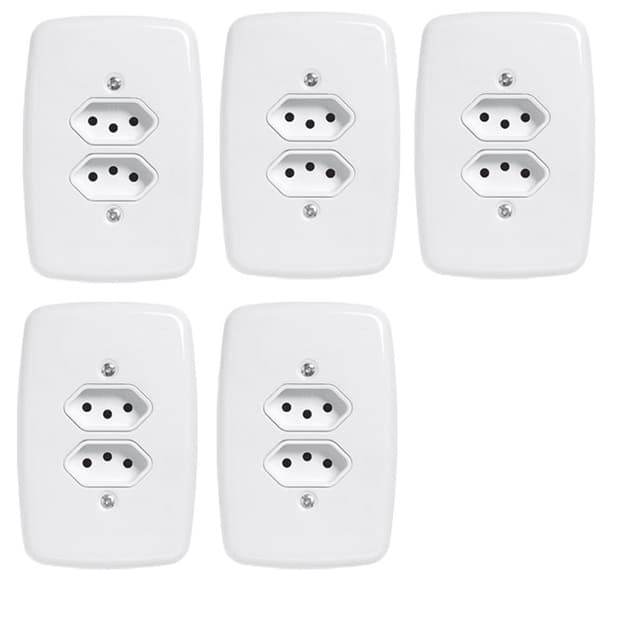 kit Tomada dupla 10a 20a Completa Branco 05 Unidades Pluzie Ideale 4x2