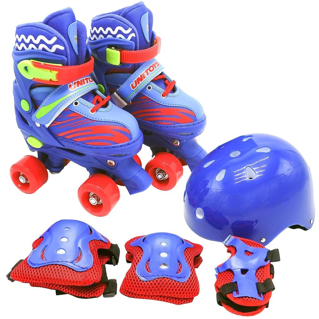Patins 4 Rodas Quad Infantil Ajustável + Kit Proteção Azul - Unitoys
