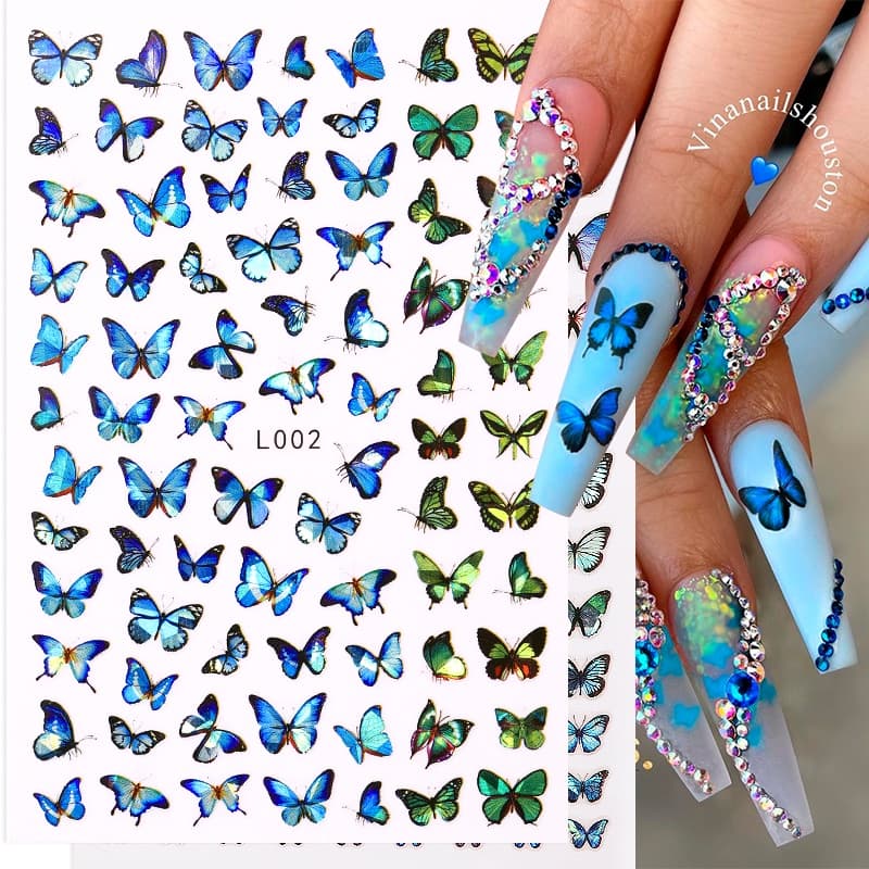 Decalques Adesivos De Unhas Azul Butterflies  gráficos Deslizantes Tema Flores Decoração Manicure Autocolantes De Arte