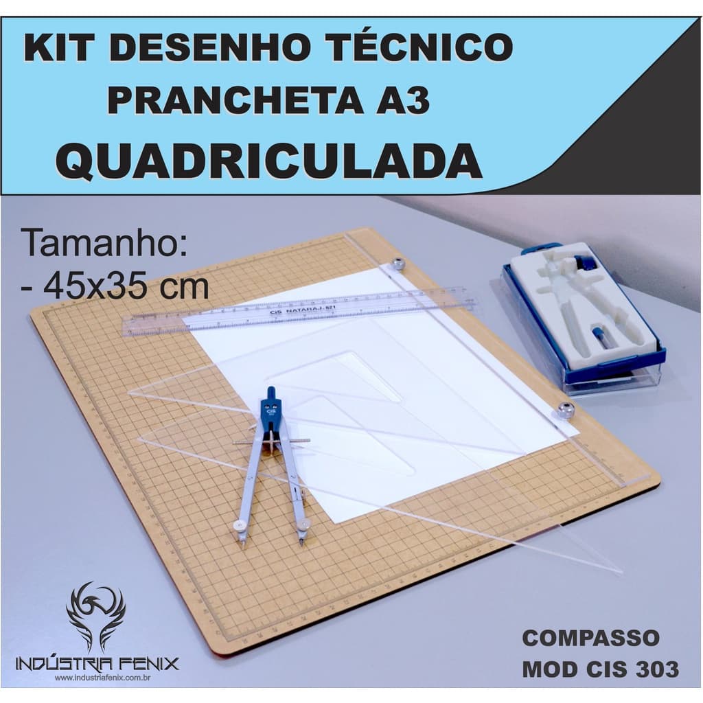 Kit Desenho Técnico Prancheta Engenharia Arquitetura a3 QUADRICULADA Esquadros 32 Compasso 303 Regua