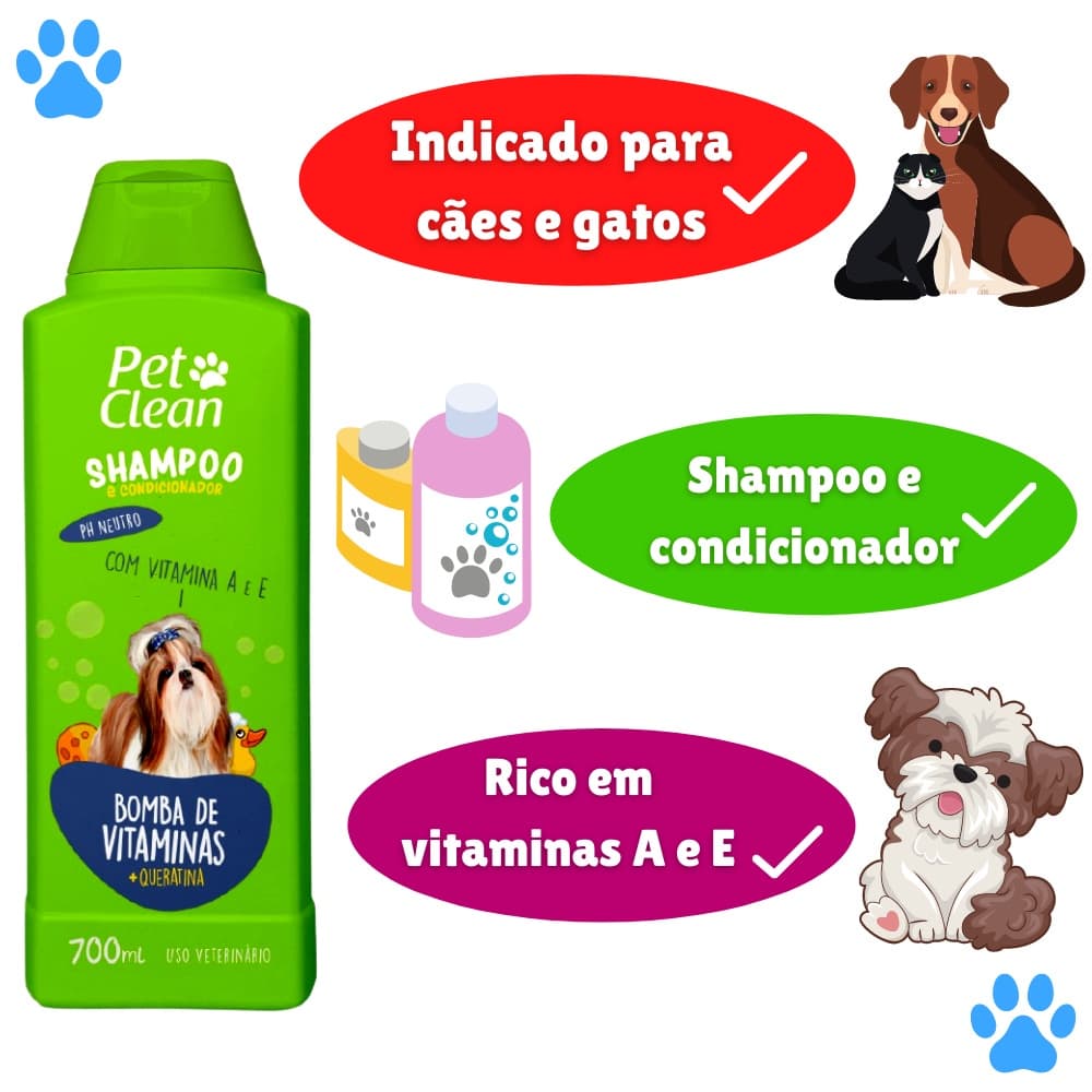 Shampoo e Condicionador para Cachorro e Gato Pet Clean - Bomba de Vitaminas - 500 ml