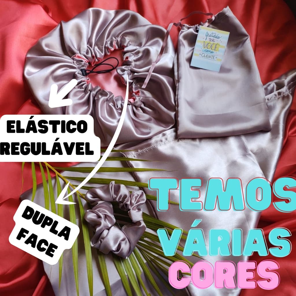 Conjunto cetim completo 1 touca dupla face antifrizz + fronha  de cetim anti frizz+ scrunchie/xuxinha de cetim anti frizz + sacola de cetim antifrizz