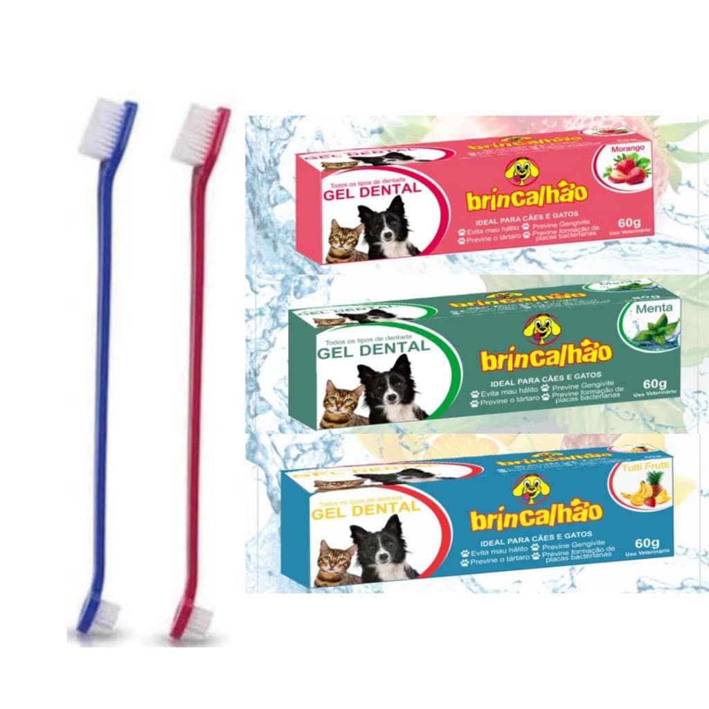 KIT com: Pasta de Dente Gel Dental para Pets Brincalhão - Combate o Mau Hálito de Cachorros e Gatos - 60g + 2 Escovas De Dente Dupla