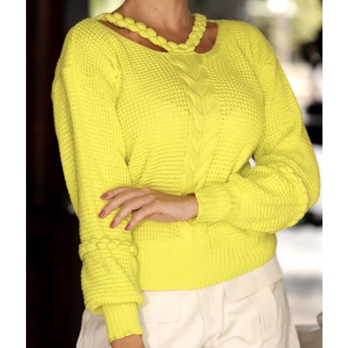 Blusa moletom tricô gola vazada trançada manga longa modelo feminino suéter tricot