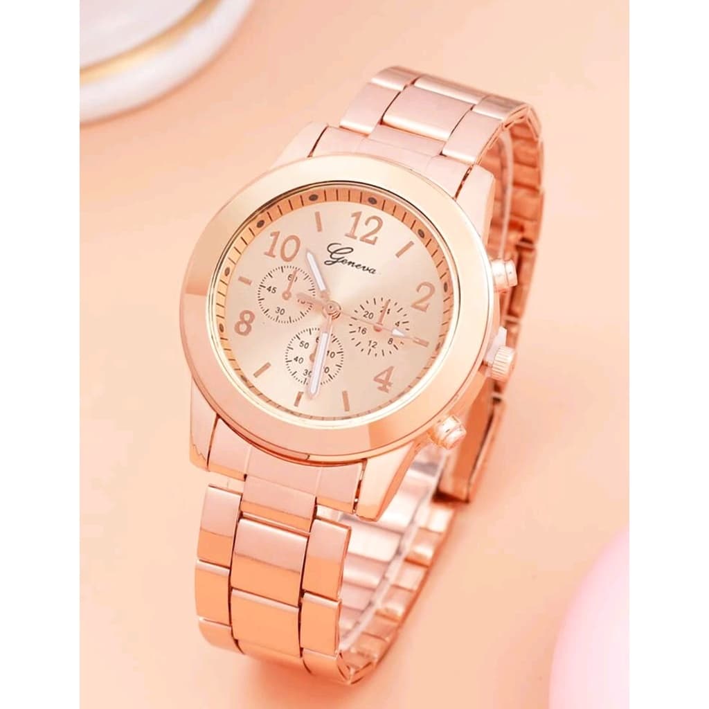 Relógio de Pulso Acompanha Pulseira Colar Brincos Dourado Rose Brilho em Quartzo Kit Conjunto