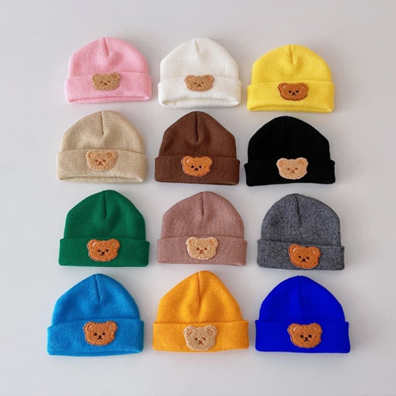 Bonito Urso De Desenho Animado Bebê Gorro Macio Outono Inverno Infantil Chapéu De Cor Sólida Boné Malha