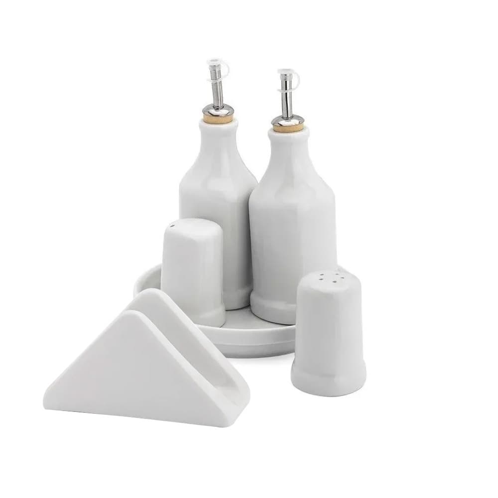 Galheteiro com  Dosador + Porta Guardanapo de Porcelana Branca