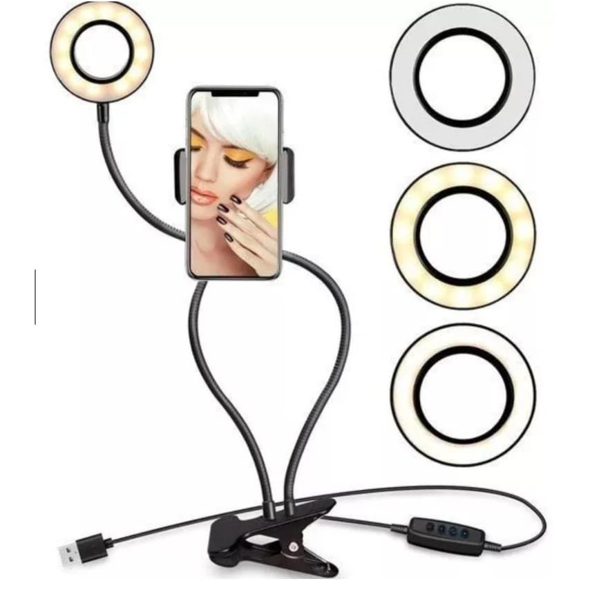 Ring light de mesa 2 em 1 com suporte de celular para maquiagem