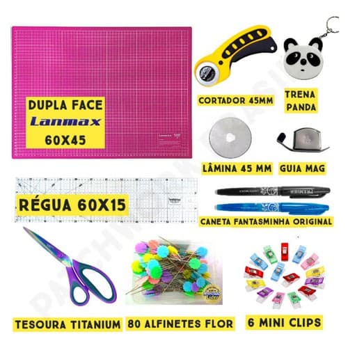 Kit Base De Corte 60x45 Rosa Cortador Regua Tesoura Alfinete