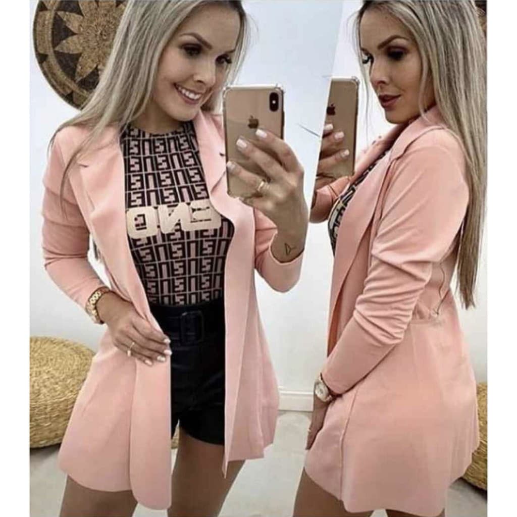Blazer Feminino Max Acinturado Sobretudo Longo Neoprene Roupa Femenina Tendência O Ano Todo
