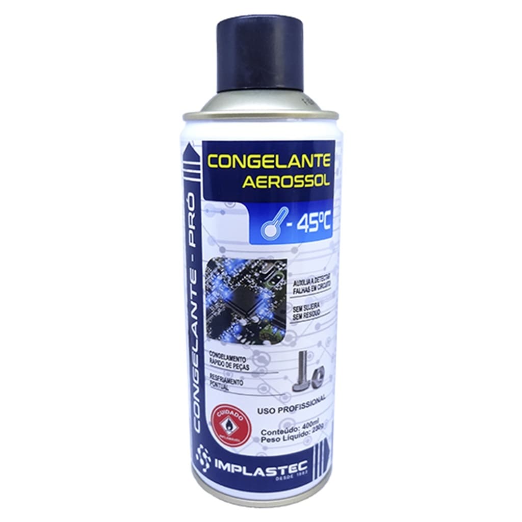 Spray Congelante Aerossol Implastec -45ºC 400ml 230g p/ Resfriamento Peças Localizar Falha Placa Circuito Eletrônico