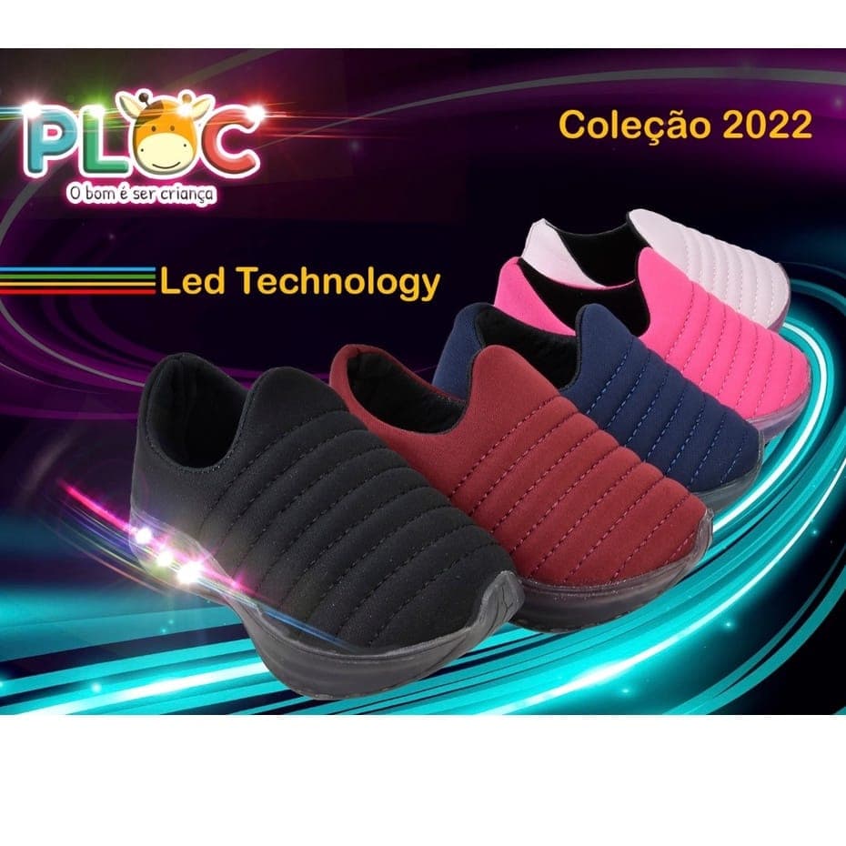 Tênis Led Infantil Luzinha Menino Meia Calce Fácil Leve Flexível Confortável Anatômico PLOC LED26 - TÊNIS BORDADO LINHA