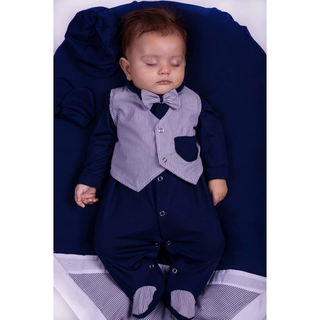 Saída Maternidade Menino Azul Colete 05 peças Lucca Listrado Roupa de Bebê Menino