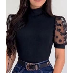 blusa feminina manga curta tule poa gola alta blogueira