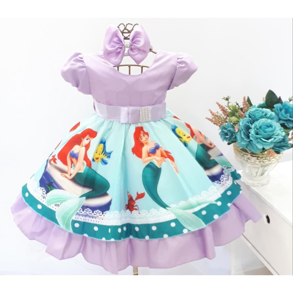 Vestido Infantil Pequena Sereia Ariel Festa Aniversário Com Tiara