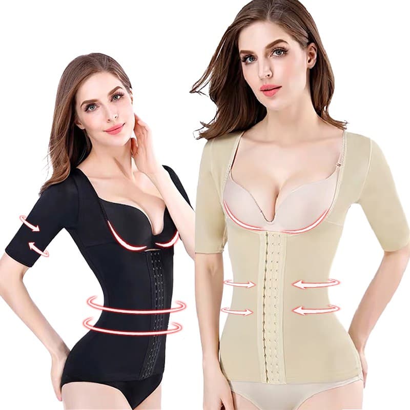 Top de compressão feminina de manga curta com realce de busto, modelador de cintura e abdômen, roupa íntima de