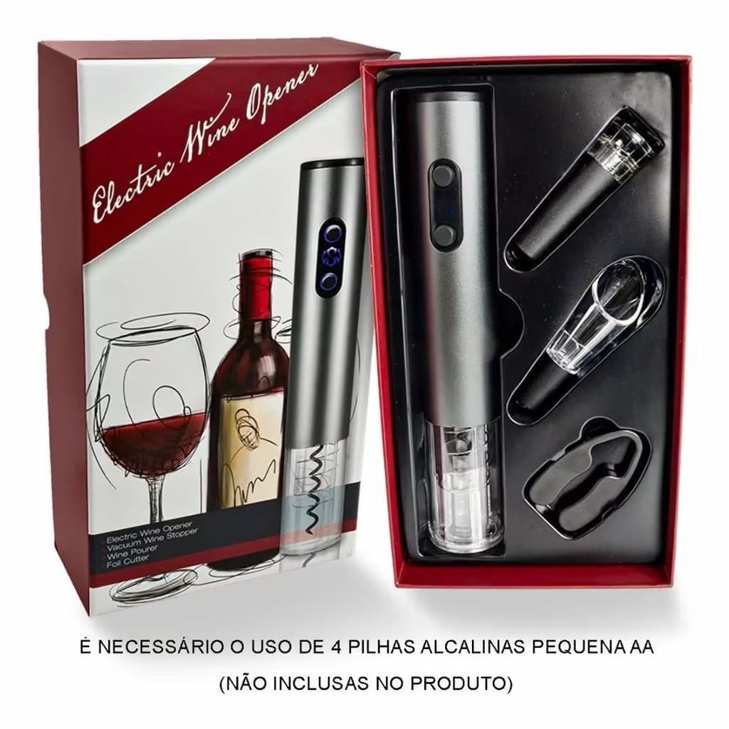 Kit Abridor De Garrafa De Vinho Automático Saca Rolha Elétrico A Pilha