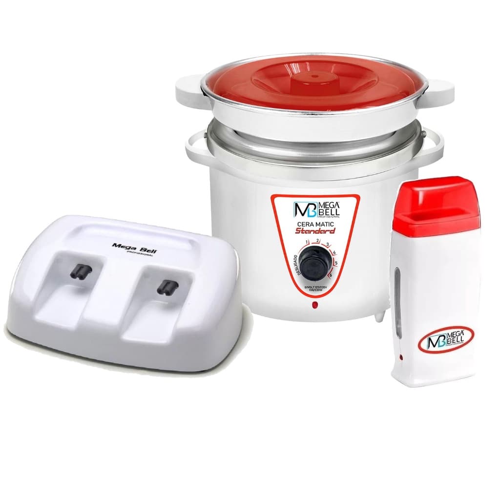 Termocera Panela Depilação 900g c/ Refil + Base Dupla c/ 1 Rollon Branco c/ Vermelho Mega Bell