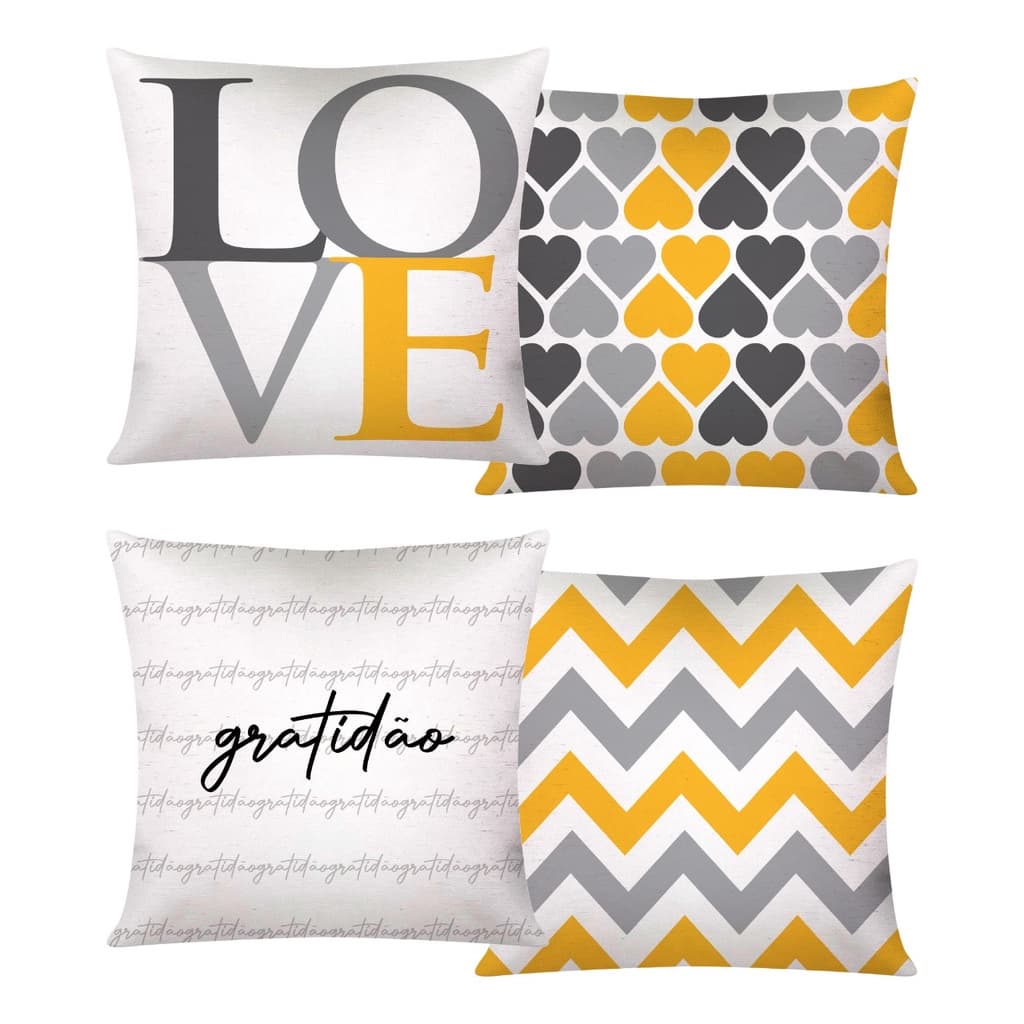 Kit 4 Almofadas Decorativas Modernas Luxos Love Amarelo Mais 4 Enchimentos de Silicone