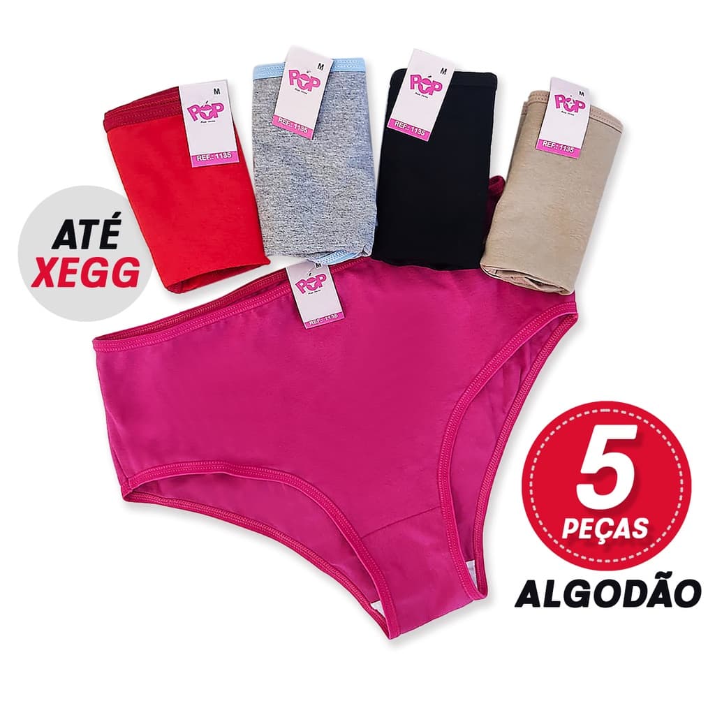 Kit 5 Calcinhas Cós Alto Algodão Qualidade Tanga Alta Calçola Cotton Adulto Cós Calcinha Lisa POP REF 1135