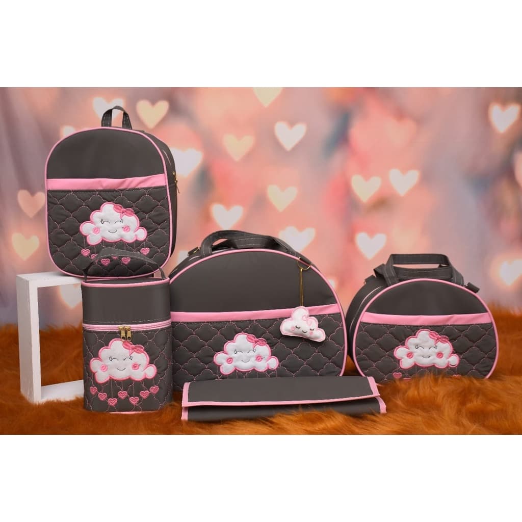 Kit Bolsa Bebê Maternidade Nuvem 5 Peças (Cinza/Rosa)