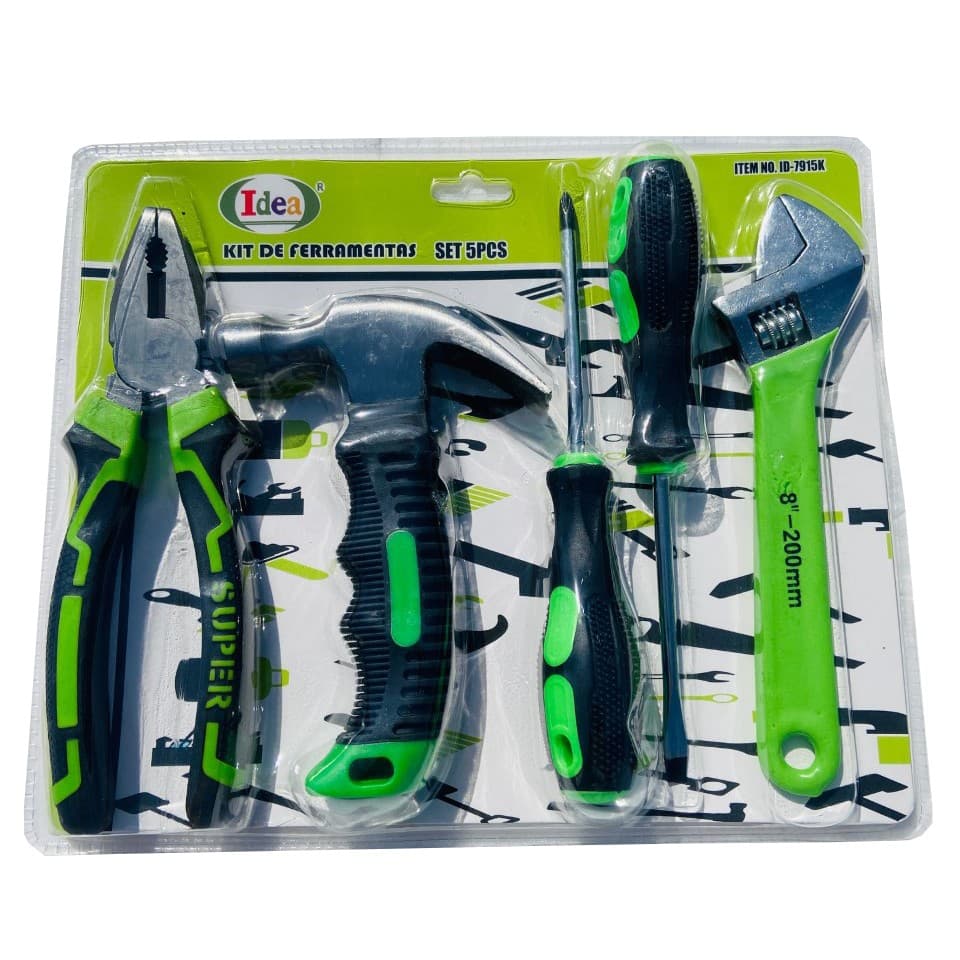 Kit 5 Ferramentas de Aço Alicate Martelo Chave philips, Fenda e Chave inglesa