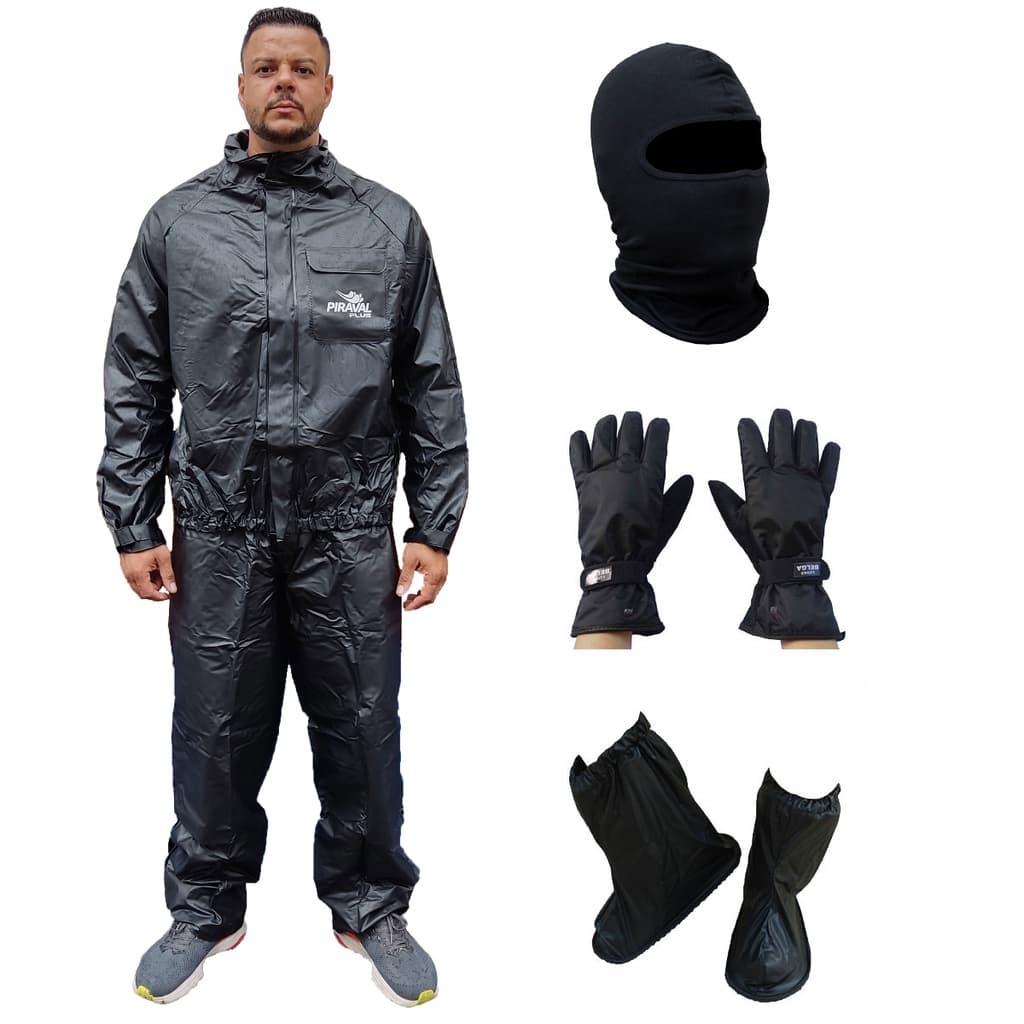 Capa de Chuva PVC Motoqueiro Impermeavel Piracapas Unissex + Polaina Solado inteiro PVC + Luva Nylon impermeável + Touca Balaclava Moto Proteção chuva