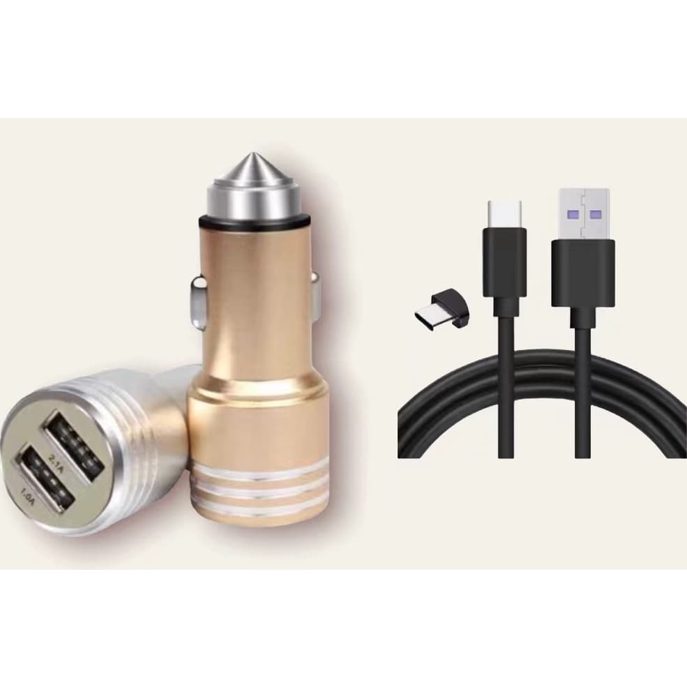 Carregador Celular Veicular Carro Fonte 2 Usb com Cabo V8/Type-C 2-Usb Rápido