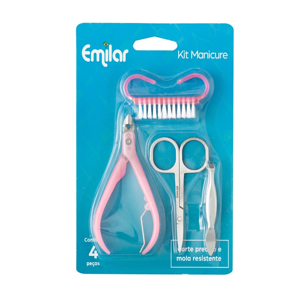 Kit Manicure 4Peças - Pinça, Tesoura, Alicate e Escovinha.