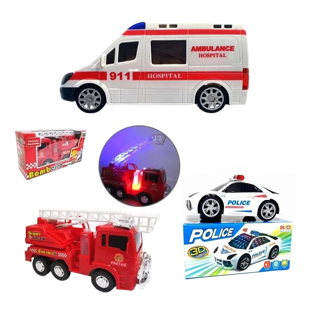 Kit Carro Bombeiro Policial Ambulância C/som Luz Movimento