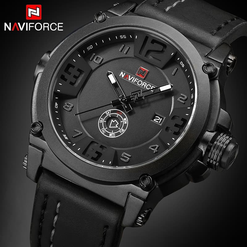 Relógio de Quartzo NAVIFORCE Masculino / Relógio de Pulso Analógico com Pulseira de Couro Estilo Militar / Esportivo