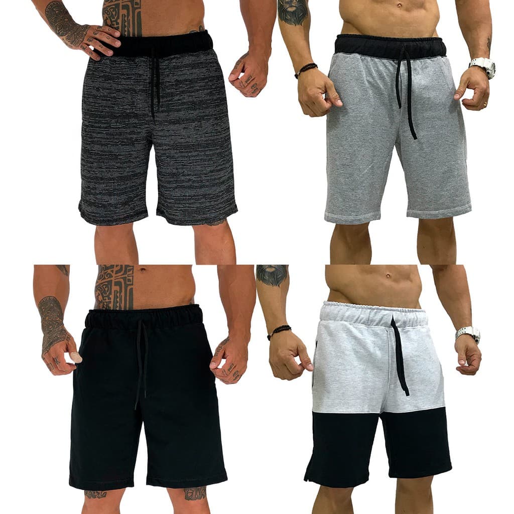 Kit 4 Bermudas Masculinas MXD Conceito em Moletom ou Moletinho Cores Básicas Rajado Preto, Mescla Tradicional, Preto