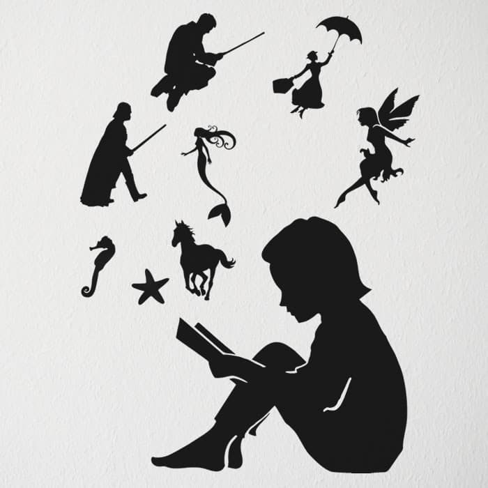 Adesivo menina livro fantasia criança decoração parede quarto sala escola