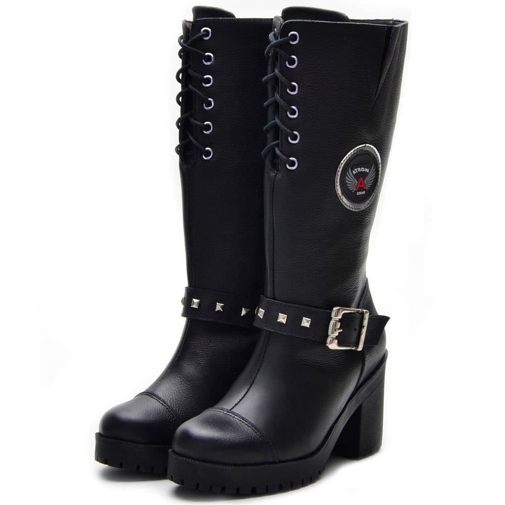 BOTA FEMININA CANO ALTO MOTOCICLISTA COURO 9401 KM PRETA