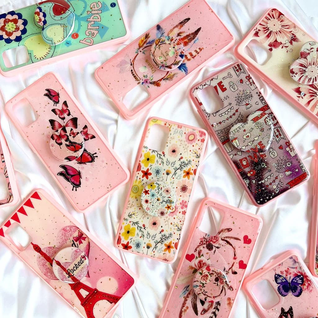 Capinha Para Samsung A31 / Capa Case Feminina Rosa Com Suporte Coração Flores (CF41)