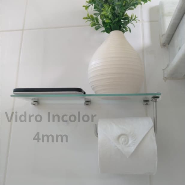 Papeleira De Vidro Para Banheiro Porta Papel Higiênico Com Prateleira Para Celular ou Decoração