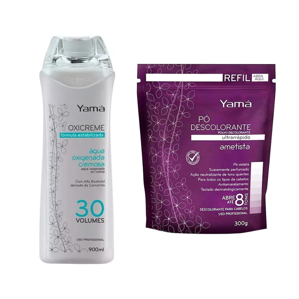 Kit Yamá Pó Descolorante Ametista Refil 300g e Água Oxigenada 30 Vol Yamá Luzes Platinados Reflexo
