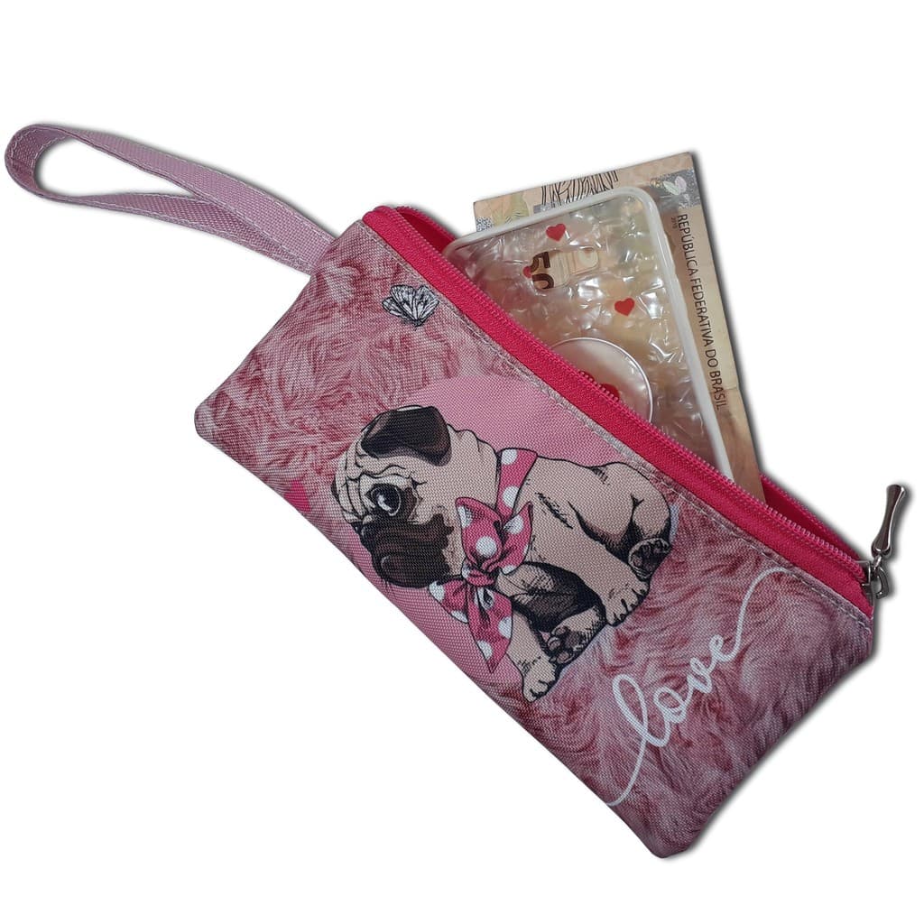 Bolsinha carteira para Celular estampa pug forrada