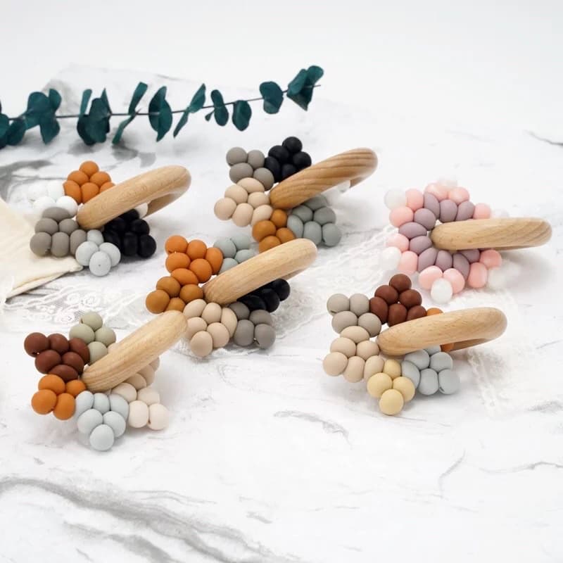 Mordedor estrela de silicone com madeira, brinquedo montessoriano