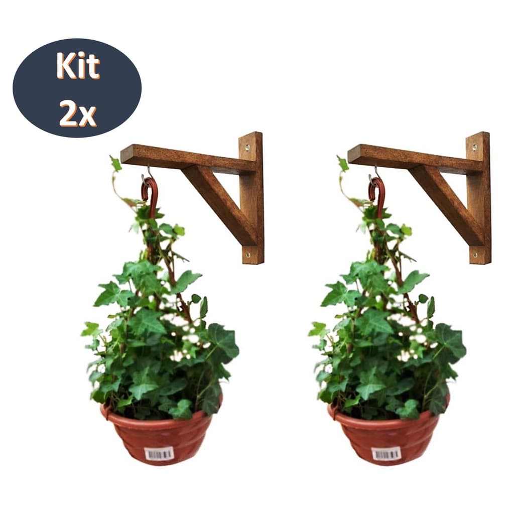 Kit 2 Mão Francesa Madeira CEDRO Suporte Pendurar Vaso Plantas Flores Com Gancho Buchas e Parafusos