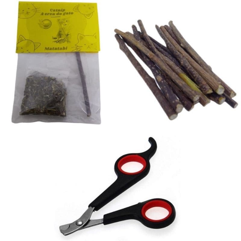 Kit Gatinho Feliz, 1 Cortador de Unha, 1 Pacote Catnip 100% natural 2 gramas, 1 Vara Catnip Matatabi Limpa Dentes