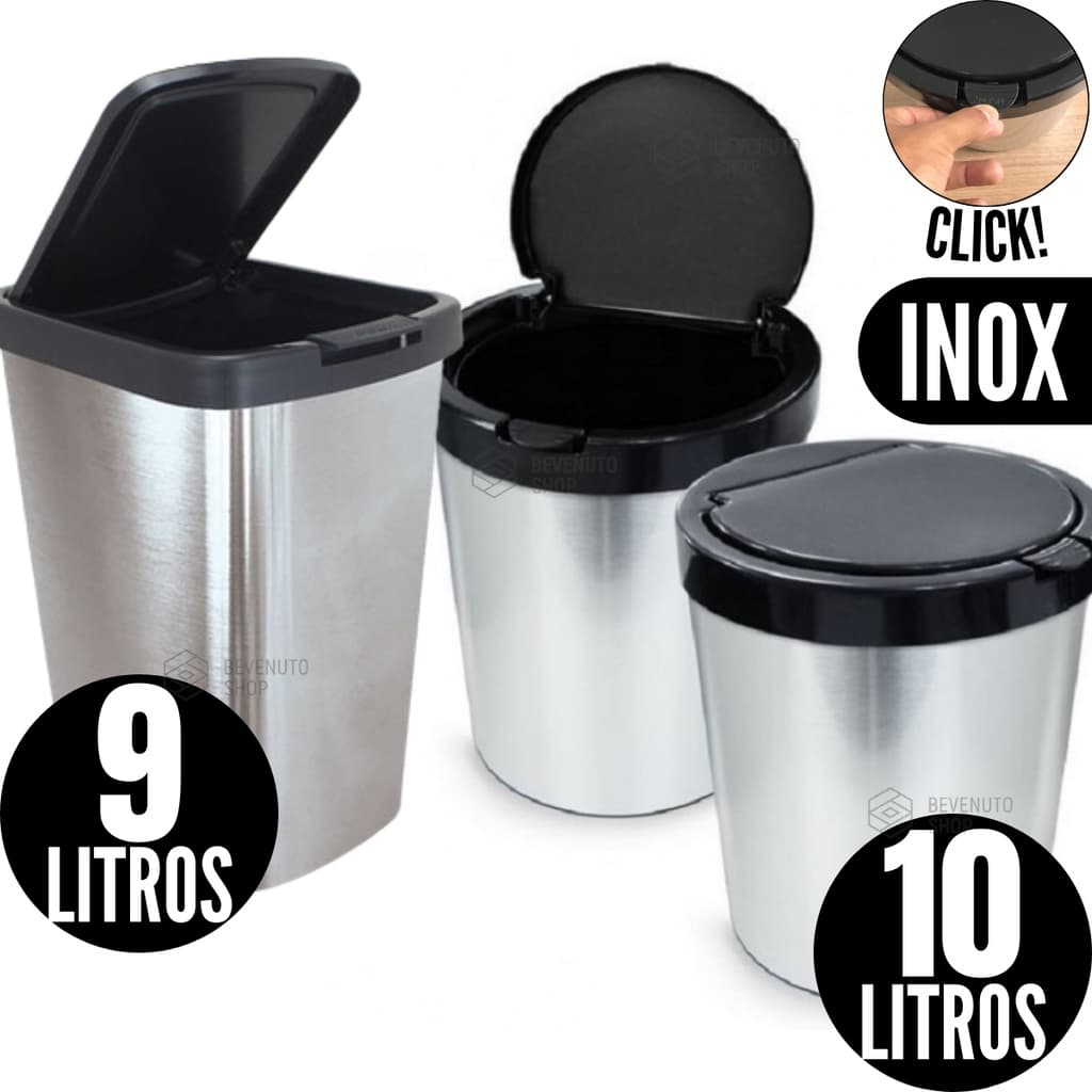 Lixeira Cesto 09 Litros / 10 Litros Inox Com Tampa Click Label Banheiro Cozinha Redonda Quadrada