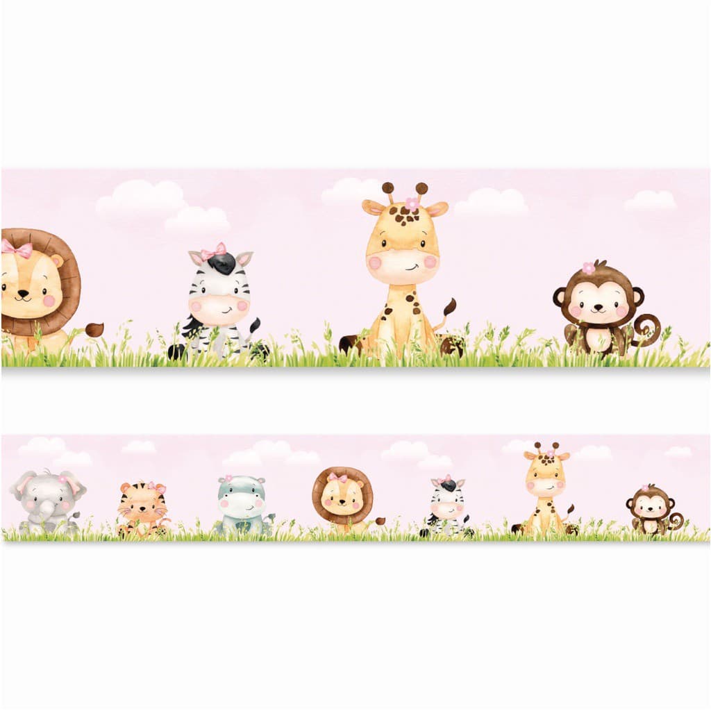 10 metros de faixa Adesiva Decorativa de Parede Safari Aquarela Baby Rosa - Quarto de Bebê Menina
