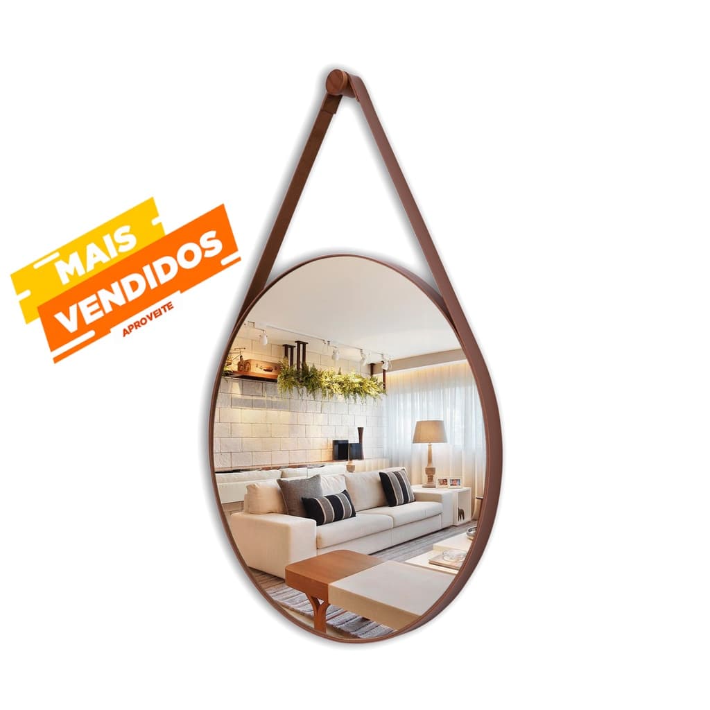 Espelho Moderno Redondo Lavabo Alça Em Couro Adnet 40 e 60cm + Suporte Pendurador