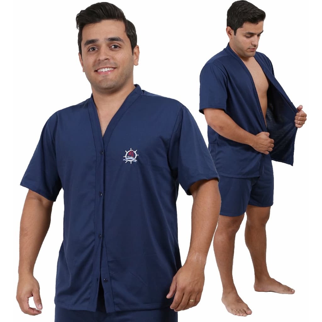 Pijama Masculino Curto Aberto Botão Pos Cirurgico Idoso
