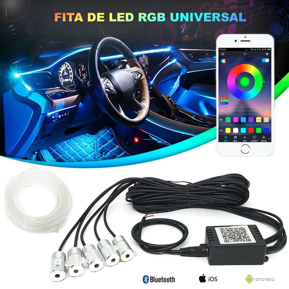Led Luz Rgb Colorida Interna Fibra Otica Neon Painel Carro 6 Metros Tuning por Aplicativo Bluetooth Celular