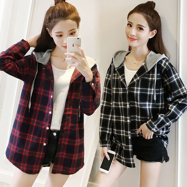 blusa feminina coreana Xadrez As mulheres soltas com capuz Casaco de manga comprida